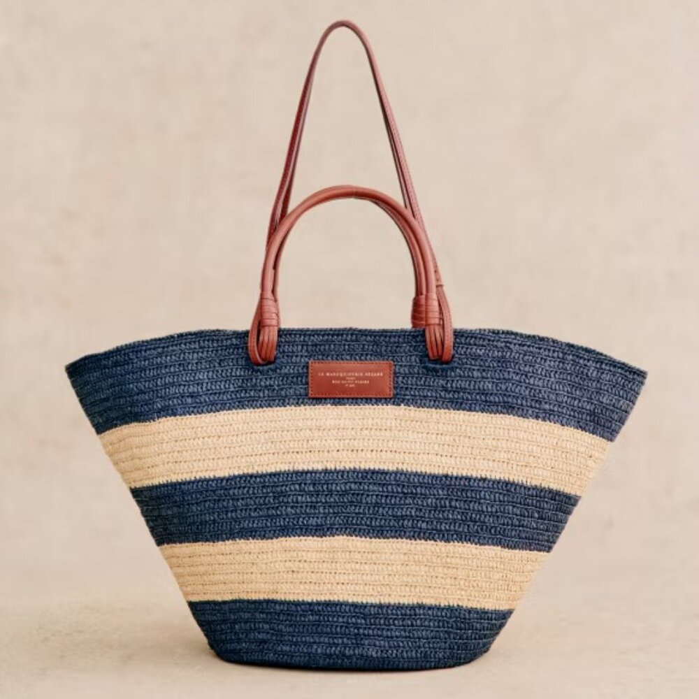 Sezane Justine Maxi Basket - Raffia Navy Stripe, Brand New, Never Used